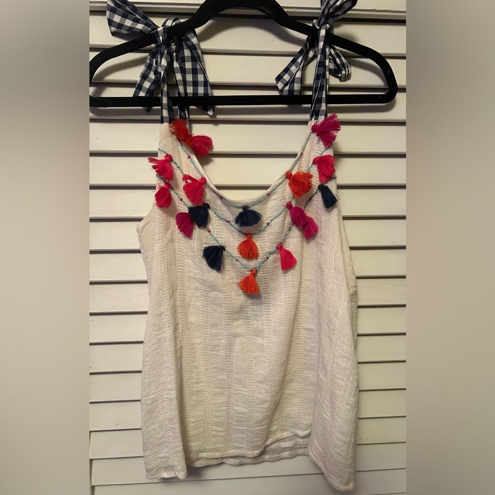 Gypsy & James Tassel Tank Top Boho Tie Strap White Cotton Size S Festival Summer